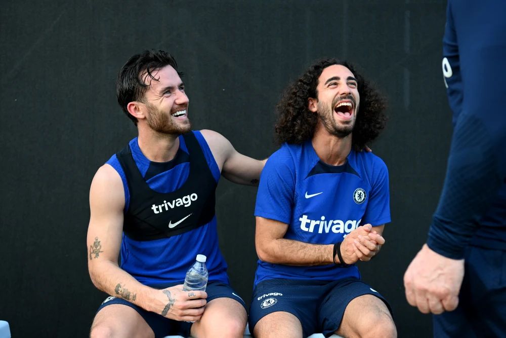 Marc Cucurella and Ben Chilwell enjoy a laugh together.