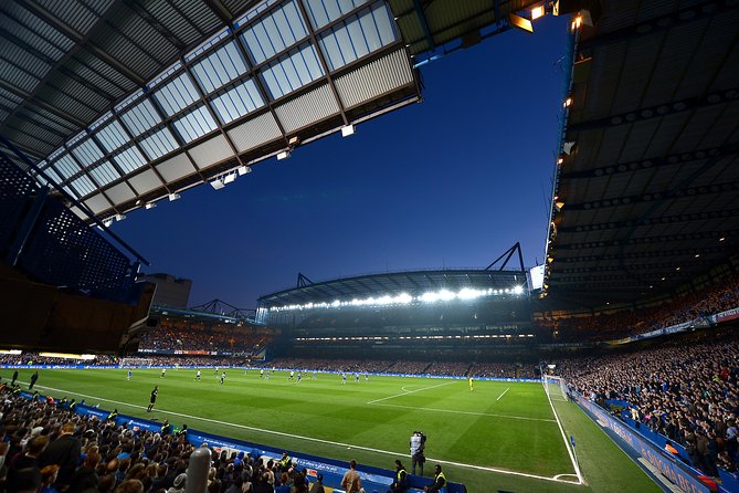 Chelsea FC Stamford Bridge at night.