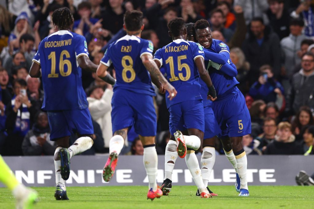 Enzo Fernandez celebrates a Chelsea goal with team mates