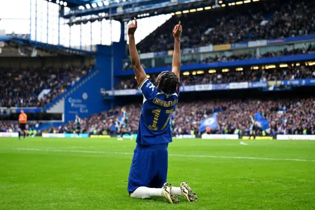 Carney Chukwuemeka celebrates a goal.