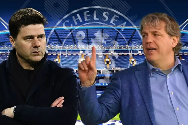 Mauricio Pochettino with Todd Boehly in a montage with the Chelsea logo.