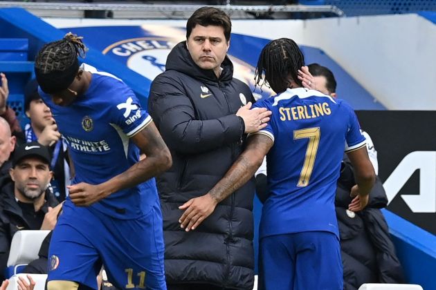 Raheem Sterling and Mauricio Pochettino after he got subbed off against Leicester.