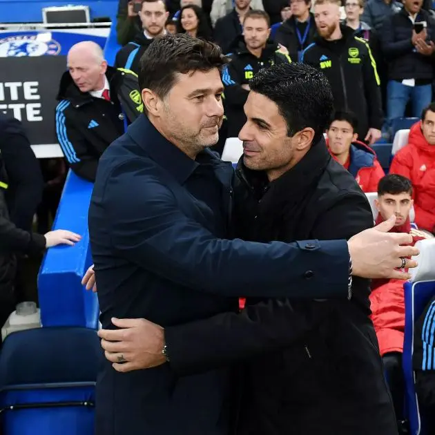 Mauricio Pochettino embraces Mikel Arteta.