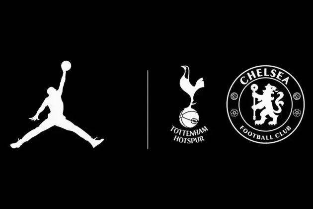 The Air Jordan logo alongside Chelsea and Tottenham logos.
