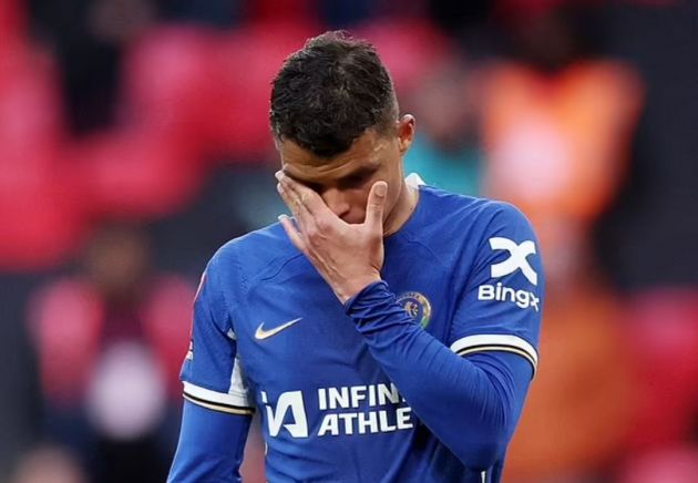 Thiago Silva cries on the pitch after FA Cup defeat.