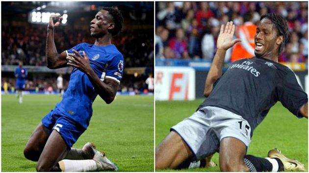 Didier Drogba and Nicolas Jackson celebrate scoring goals for Chelsea