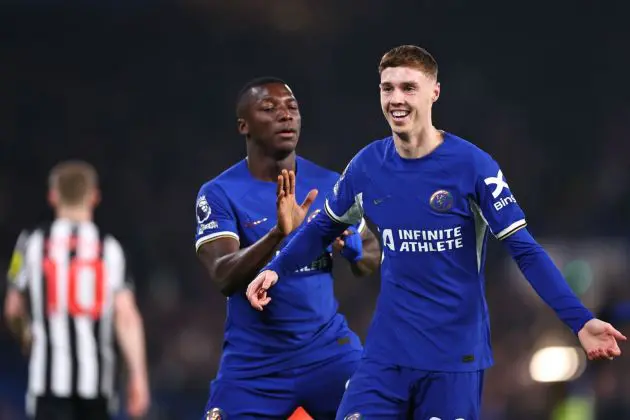 Cole Palmer and Moises Caicedo celebrate.