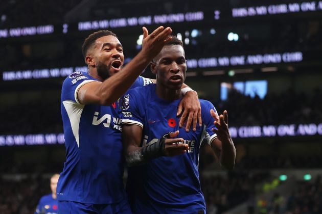 Nicolas Jackson and Reece James celebrate a goal.