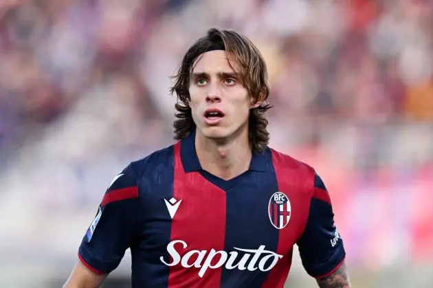 Riccardo Calafiori playing for Bologna.