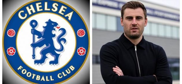 Sam Jewell with the Chelsea logo.