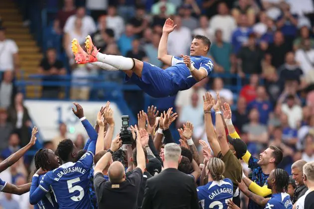 Thiago Silva is given the bumps by Chelsea players and fans.