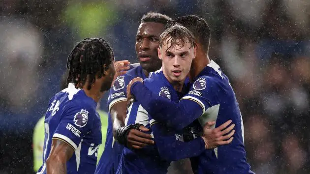 Cole Palmer celebrates scoring for Chelsea.