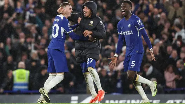 Cole Palmer celebrates win against Manchester United.