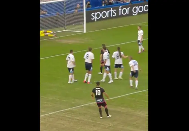 Eden Hazard scores a free kick in Soccer Aid.