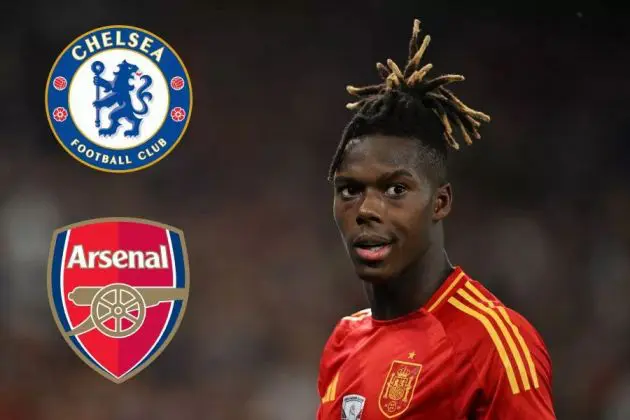 Nico Williams with Chelsea and Arsenal logos.