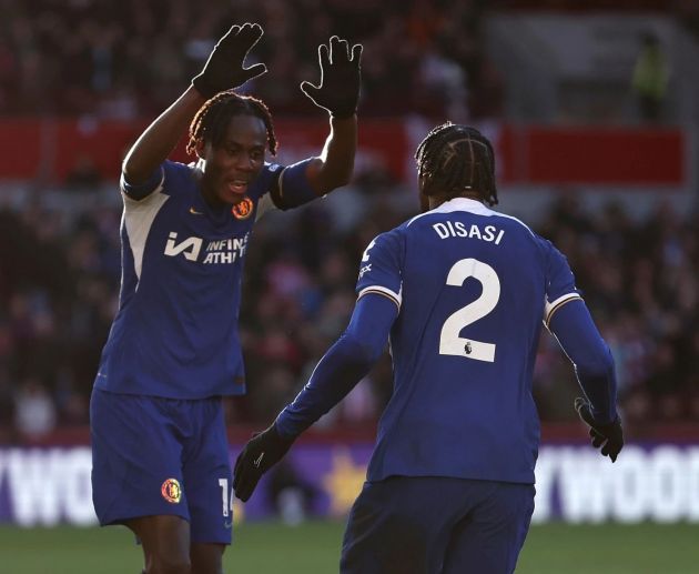 Trevoh Chalobah celebrates with Axel Disasi.