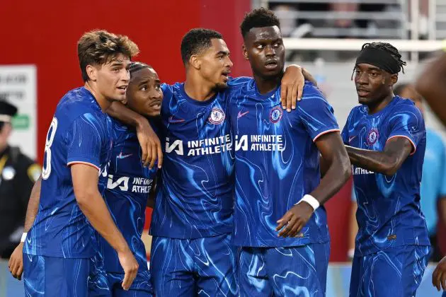 Christopher Nkunku, Levi Colwill, Benoit Badiashile, and Marc Guiu celebrate Goal vs Wrexham