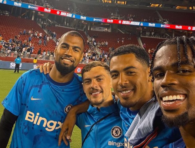 Robert Sanchez, Kiernan Dewsbury-Hall, Levi Colwill, and Carney Chukwuemeka all smiles after Wrexham game