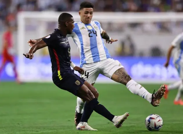 Moises Caicedo and Enzo Fernandez face off in midfield.