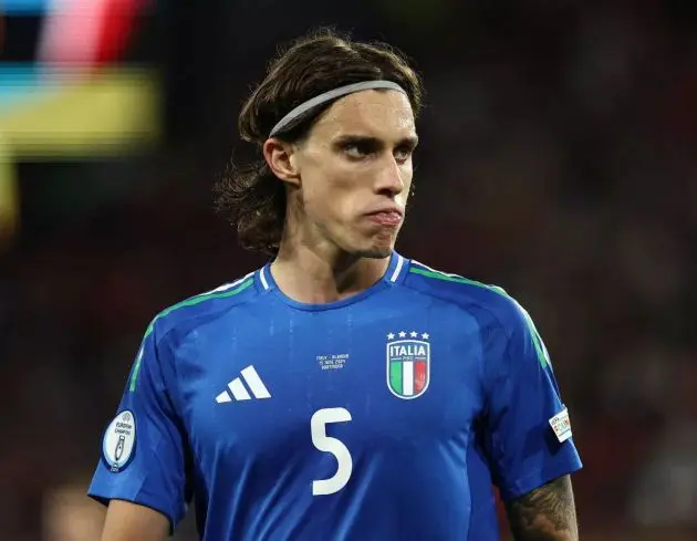 Riccardo Calafiori playing for Italy.