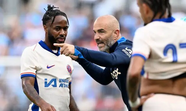 Enzo Maresca teaches Raheem Sterling on the pitch.