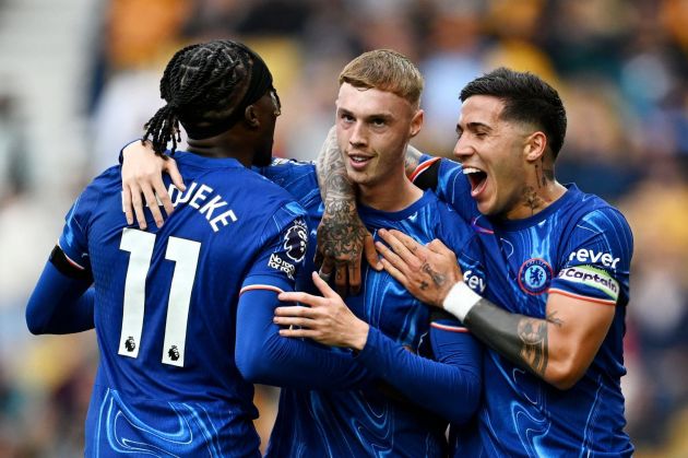 Noni Madueke, Cole Palmer and Enzo Fernandez celebrate a big win.