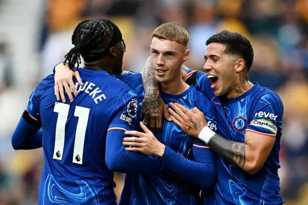 Noni Madueke, Cole Palmer and Enzo Fernandez celebrate a big win.