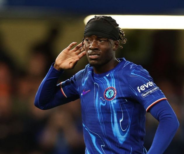 Noni Madueke celebrates a goal for Chelsea (Photo by Richard Pelham/Getty Images)