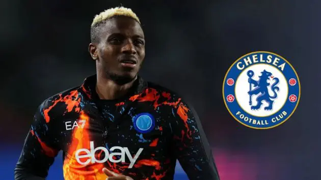 Victor Osimhen with a Chelsea logo.