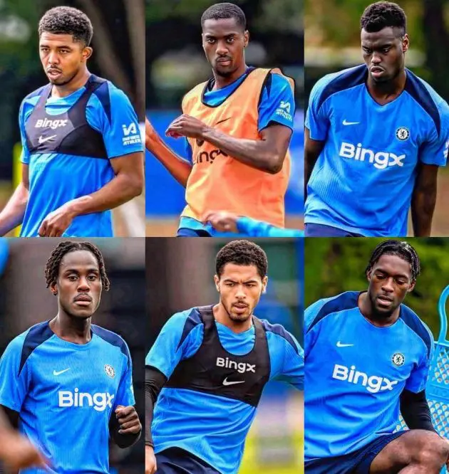 Wesley Fofana, Tosin Adarabioyo, Benoit Badiashile, Trevoh Chalobah, Levi Colwill and Axel Disasi in a montage of Chelsea defence and defenders.