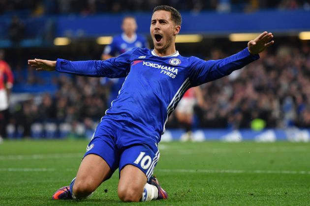 Eden Hazard celebrates scoring for Chelsea.