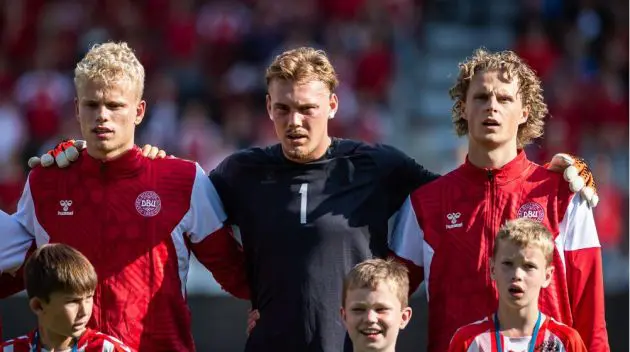 Filip Jorgensen playing for Denmark U21s.