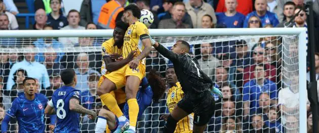 Robert Sanchez misses a high ball. (Photo by Richard Heathcote/Getty Images)