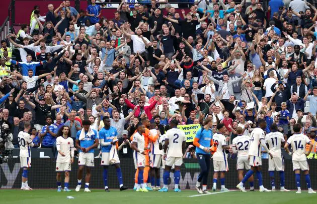 Chelsea generic squad celebrate with their fans (Photo by Henry Browne/Getty Images)