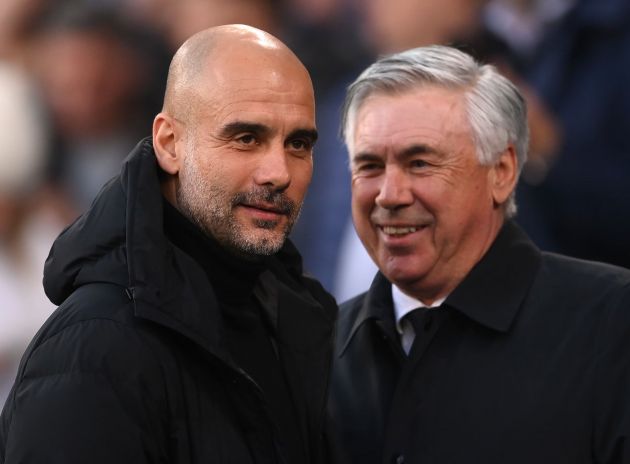 Pep Guardiola and Carlo Ancelotti on the sideline.