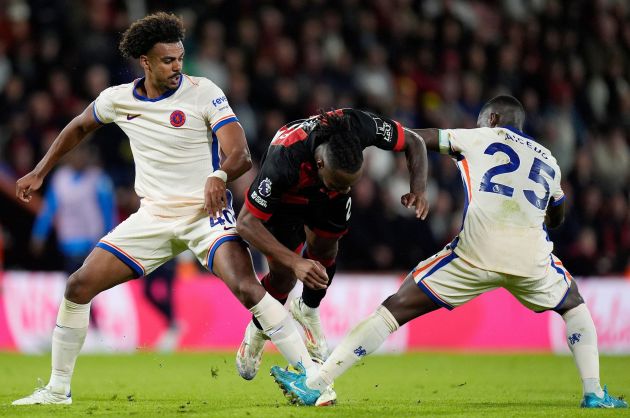 Renato Veiga and Moises Caicedo double up on a Bournemouth player.