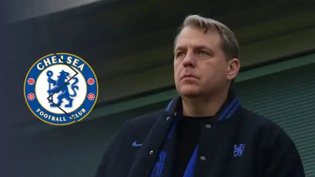 Todd Boehly with a cracked Chelsea badge.