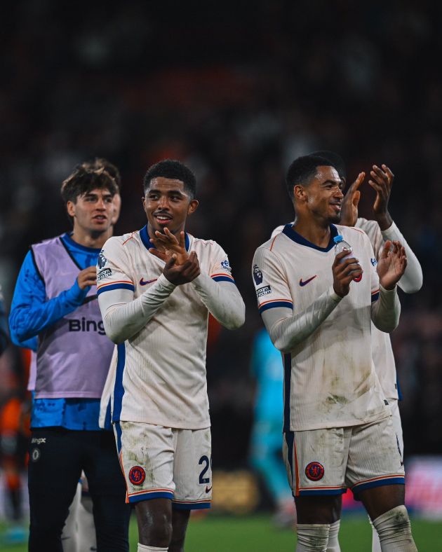 Wesley Fofana and Levi Colwill applaud the away fans.