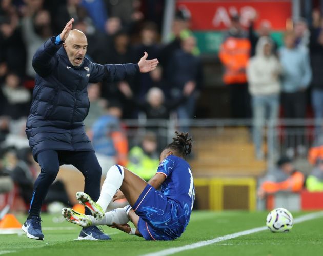 Christopher Nkunku falls at the feet of Enzo Maresca in a feisty game at Anfield.