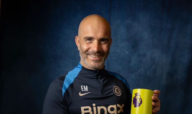 Enzo Maresca with the Premier League's Manager of the Month trophy.