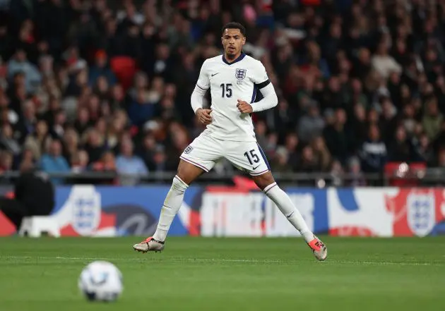 Levi Colwill fires a pass out for England. (Photo by Ryan Pierse/Getty Images)