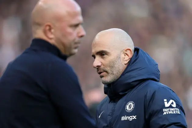 Enzo Maresca on the touchline with Arne Slot. (Photo by Carl Recine/Getty Images)