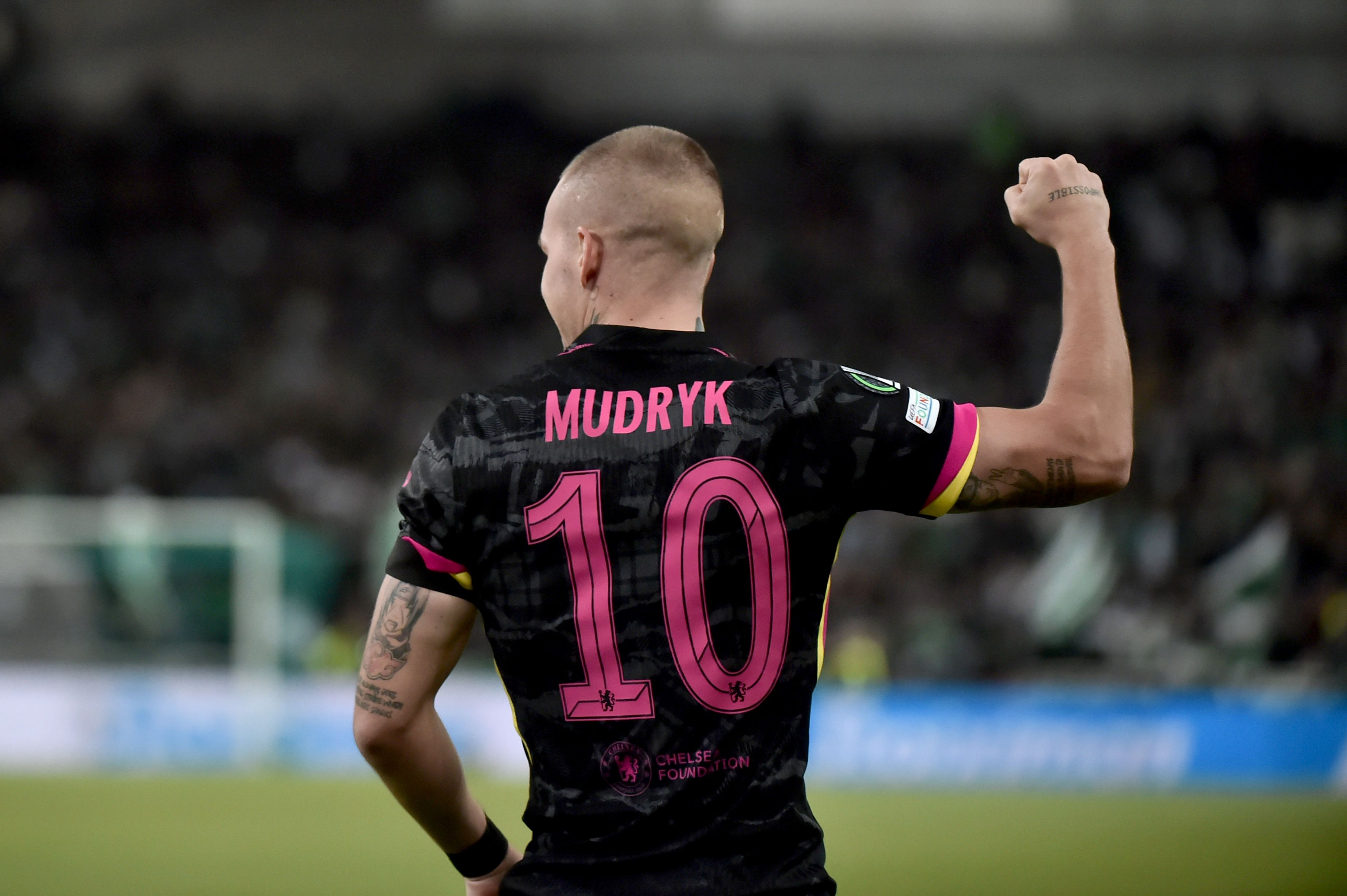 Mykhailo Mudryk celebrates a goal for Chelsea against Panathinaikos. (Photo by Milos Bicanski/Getty Images)