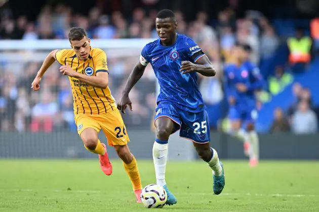 Moises Caicedo bursts through midfield against his old team. (Photo by Mike Hewitt/Getty Images)