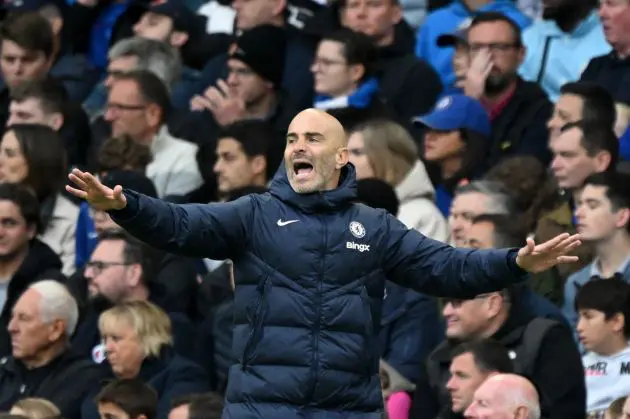 Enzo Maresca shouts at his players at Stamford Bridge. Photo by Clive Mason/Getty Images)