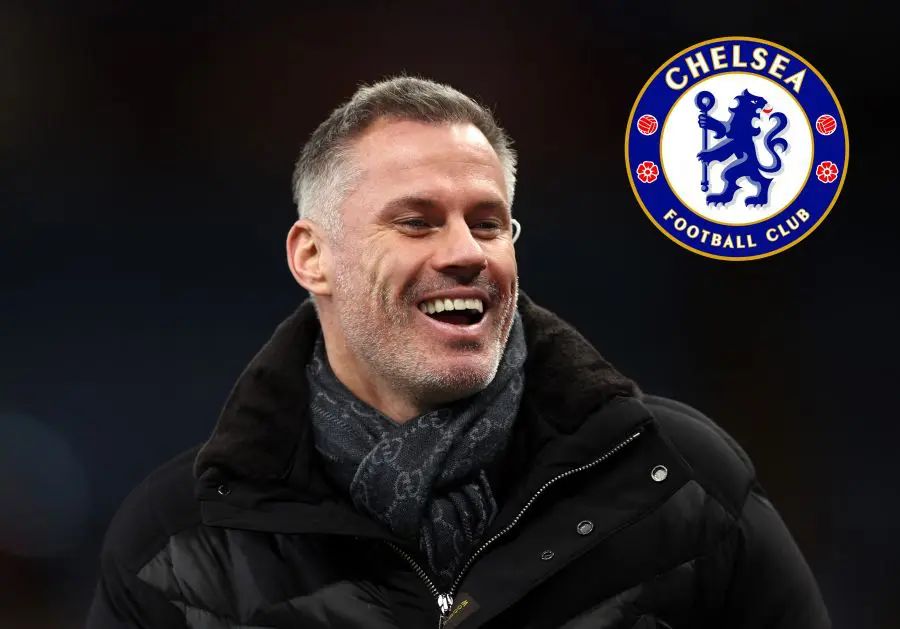 Jamie Carragher with a Chelsea logo. (Photo by Catherine Ivill/Getty Images)