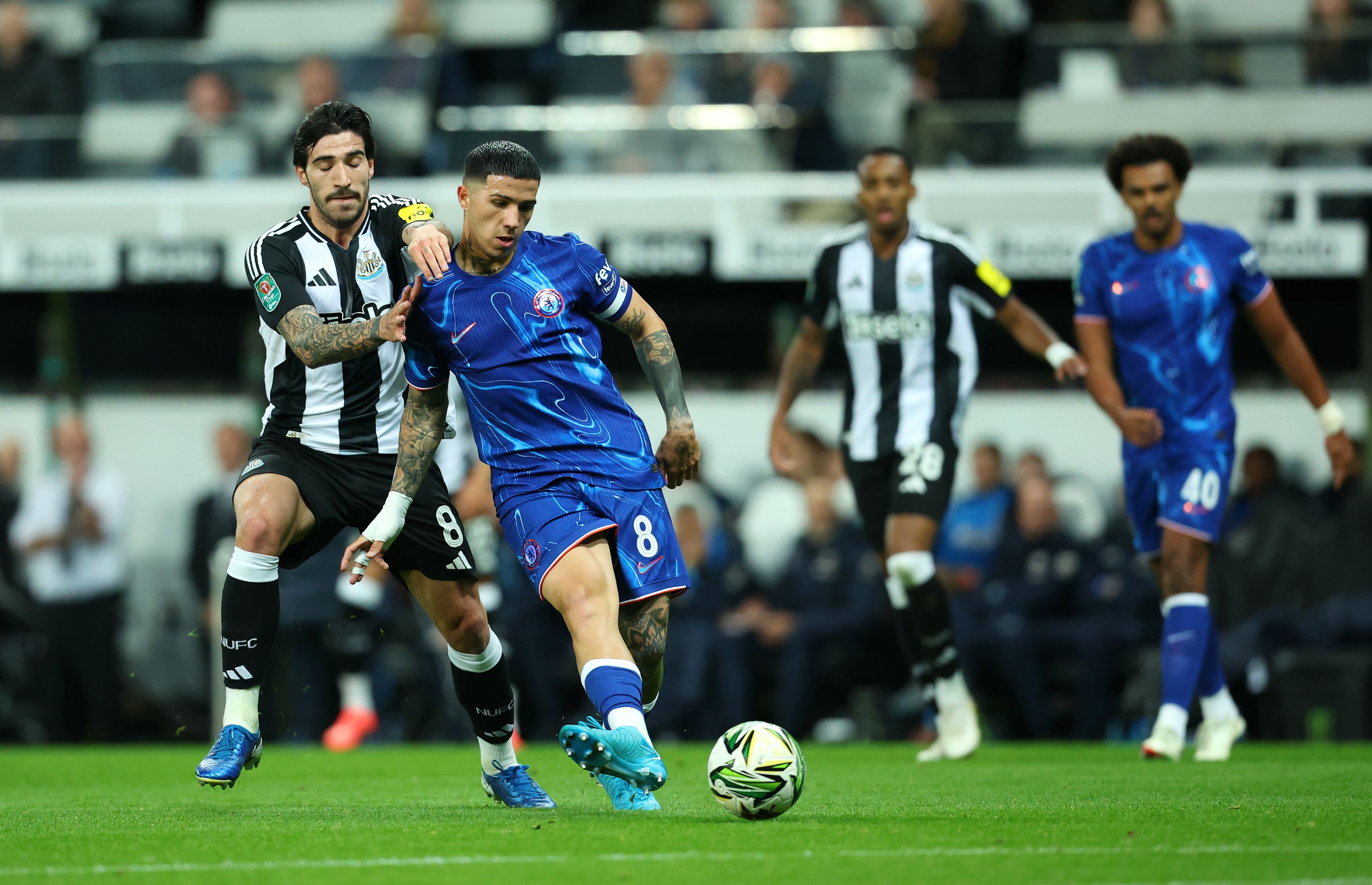 Enzo Fernandez struggles in midfield against Newcastle. (Photo by Ed Sykes/Getty Images)