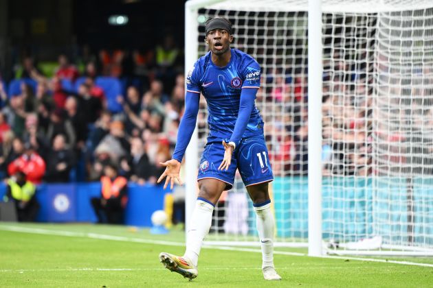 Noni Madueke complains about a ball not coming to him. (Photo by Clive Mason/Getty Images)