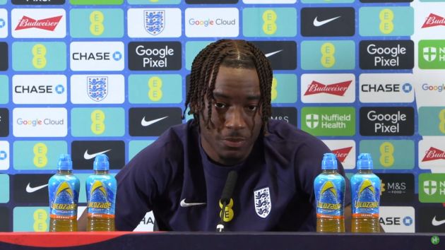 Noni Madueke answers questions in an England presser.