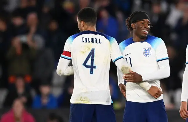 Levi Colwill and Noni Madueke playing for England U21 (Photo by Gareth Copley/Getty Images)